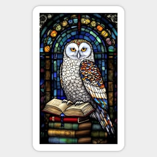 Stained Glass Style White Snowy Owl Sitting On Books Sticker